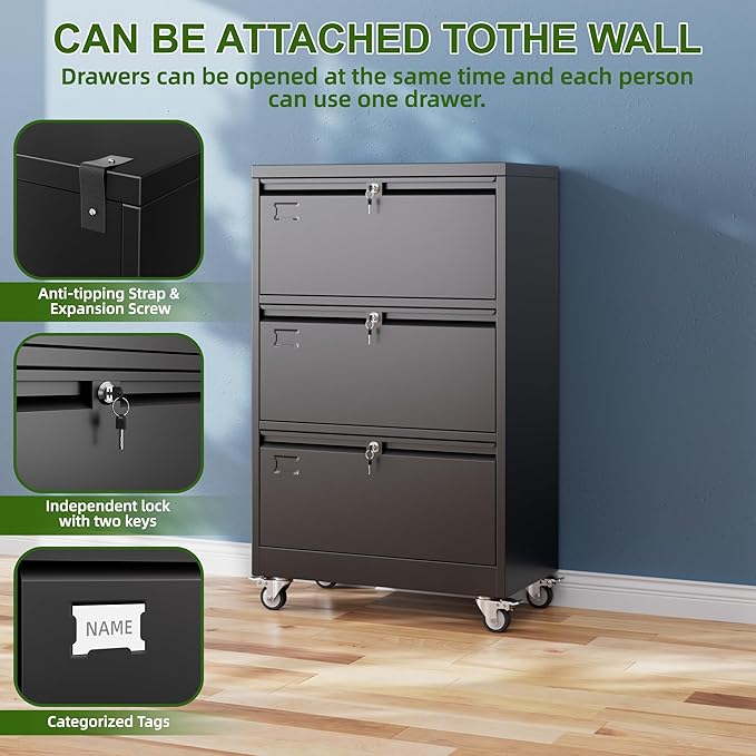 Aobabo 3 Drawer Wide File Cabinet with Wheels, Lockable Metal Filing Cabinet for Home Office, Legal/Letter Size,Black,Required Assembled,15.87" D x 28.94" W x40.48 H