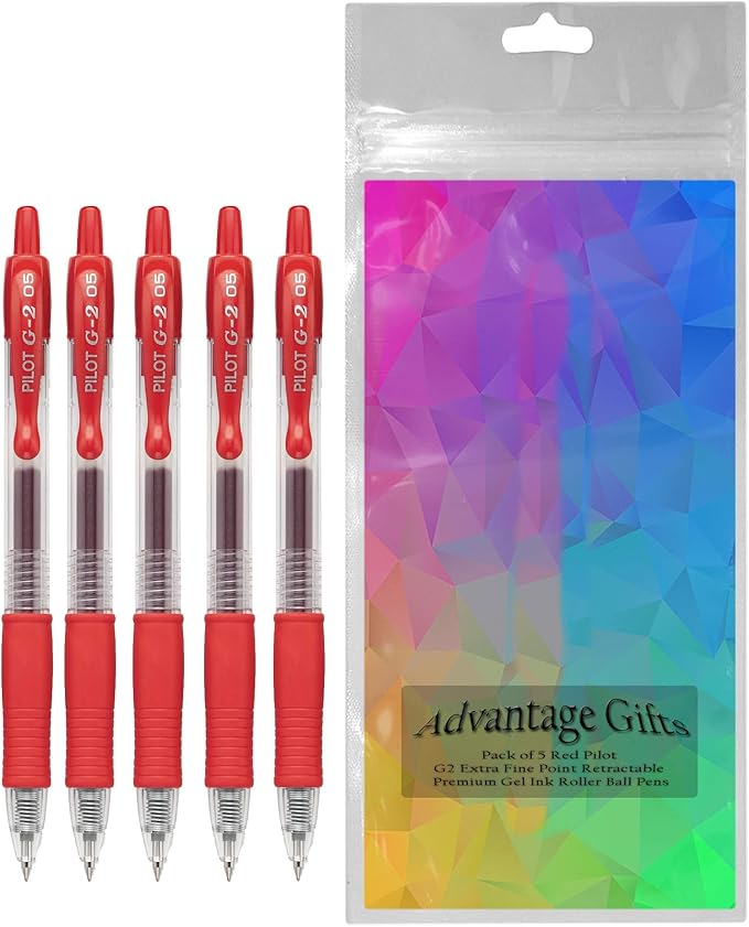 G2 Retractable Premium Gel Ink Roller Ball Pens Extra Fine Point (.5mm) Red Ink 5 pack; Refillable & Premium Comfort Grip Bundle with Plastic Reusable Pouch