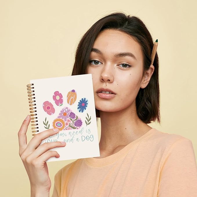 JXREQ Cute Pink Floral Dog Paw Notebook Journal for Women Dog Lovers Gifts, Cute Notebooks for Note Taking Writing, All You Need Is Love and a Dog Spiral Notebooks 5.5x8.3