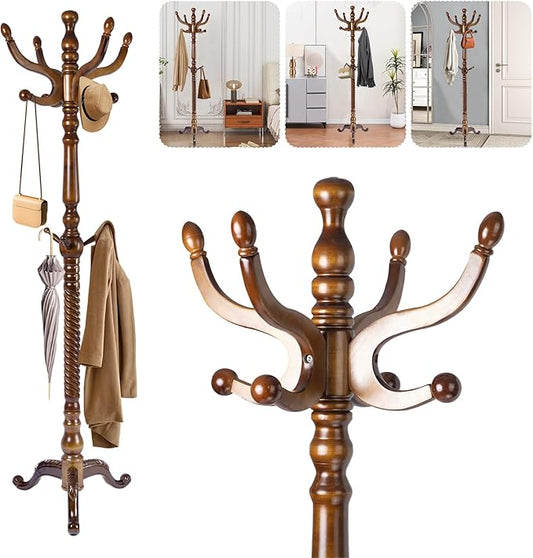 Solid Wood Coat Rack – 74.8" Freestanding Coat Racks Stand with 11 Hooks & Stable Base, Adjustable Height Modern Wooden Hall Tree for Entryway, Bedroom, Office, Home (Walnut Triangle)