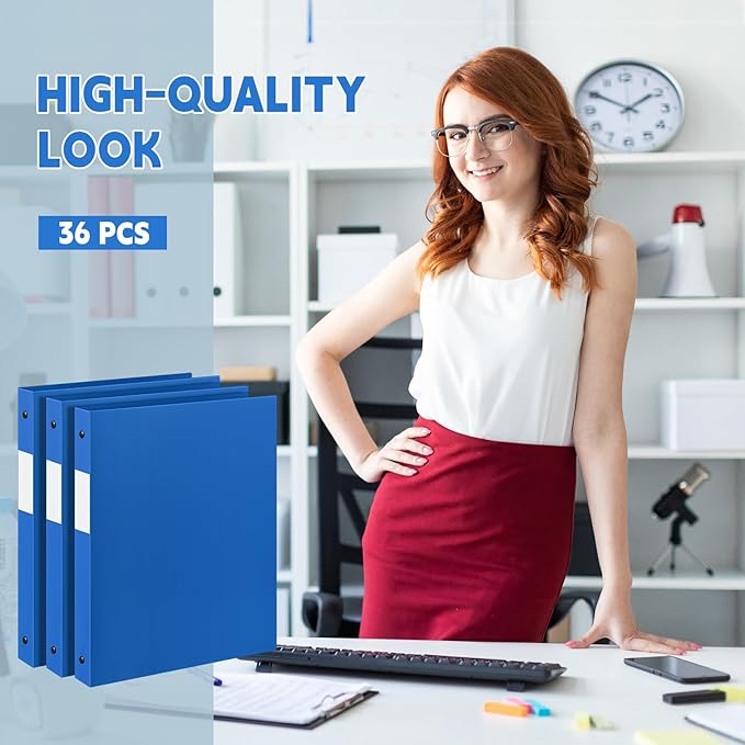 Henoyso 36 Pcs 3 Ring Binder 1/2'' Round Fits Letter Size 8. 5'' x 11'' Paper Plastic Flexible Binder Holds 100 Sheets with 1 Pockets Versatile Organizer for Office Home School (Blue)