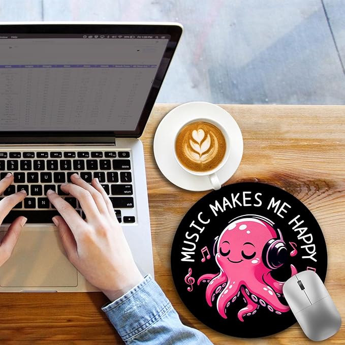 Music Octopus Mouse Pad, Small Round Black Mouse Pads for Desk, Mini Travel Mousepad for Work Wireless Computer Laptop, Office Desk Accessories, Music Makes Me Happy, 8.6 x 8.6 inch
