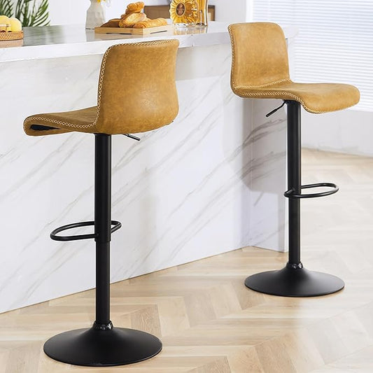 HeuGah Swivel Bar Stools Set of 2, Adjustable Counter Height Barstools with Back, Brown Faux Leather Bar Chairs for Kitchen Island (Whiskey Brown, Set of 2 (24'' to 32''))