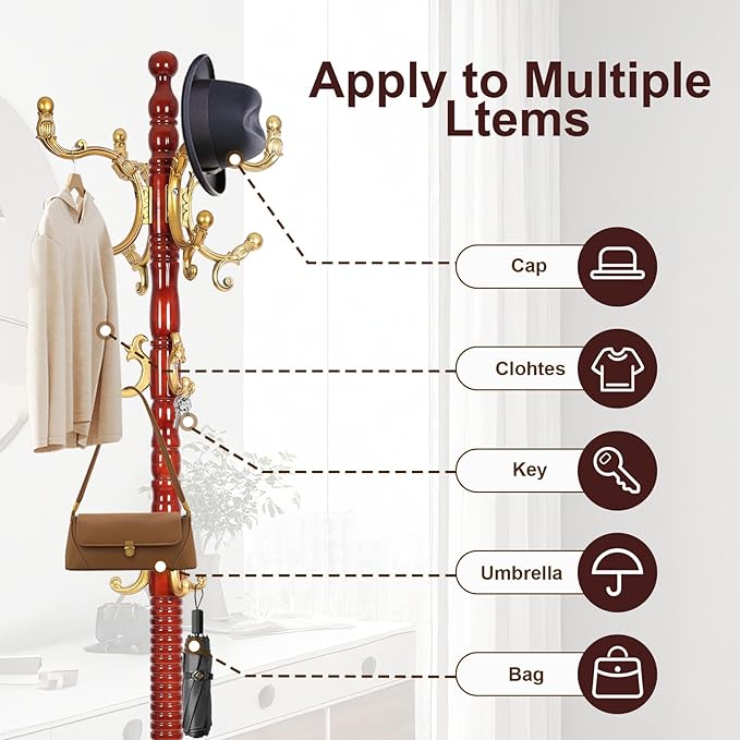 Solid Wood Coat Rack – 73" Freestanding Coat Racks Stand with 14 Hooks & Stable Base, Adjustable Height Modern Wooden Hall Tree for Entryway, Bedroom, Office, Home (Begonia Round)