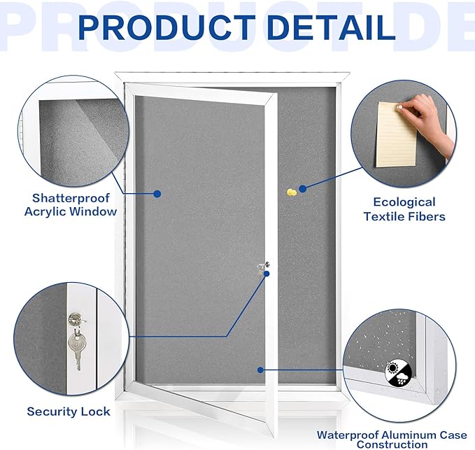 SWANCROWN Outdoor Lockable Gray Fabric Bulletin Board Shatter Resistant Display Cases Wall Mount Message Board with Swing Door,36x24 inches