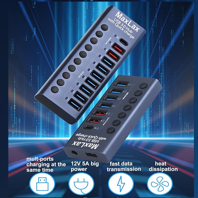 MaxLax Aluminum 7 Ports USB 3.0 hub with Charging Function, 36W (12V/3A) Power Adapter,Individual Power swiches
