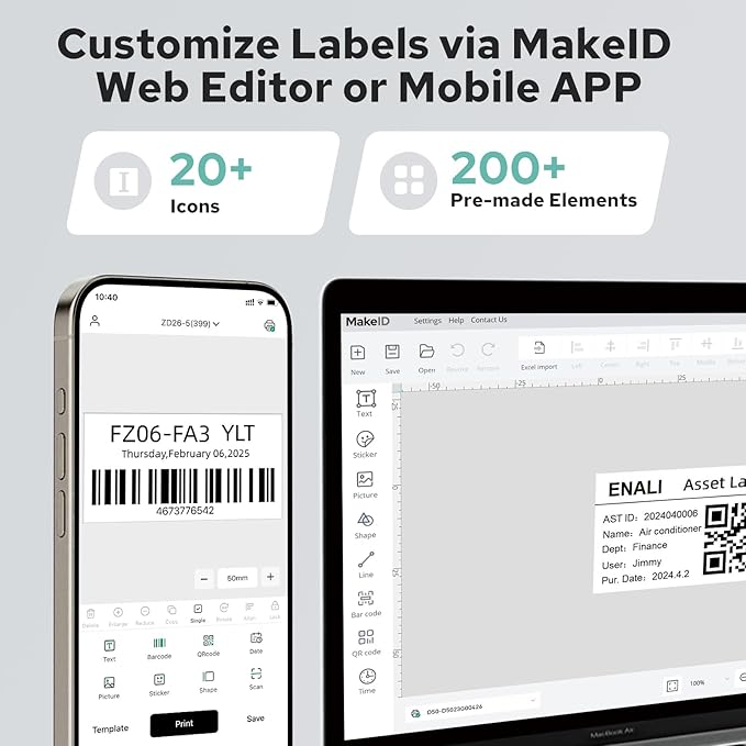 Makeid D50 Industrial Label Printer, Desktop Label Maker 2" Print Head, Mobile APP & PC Editor Compatible, 2600mAh Li-ion Battery, Come with 1.97" W x 26.24ft L Label Heavy-Duty Labeler for Job Sites