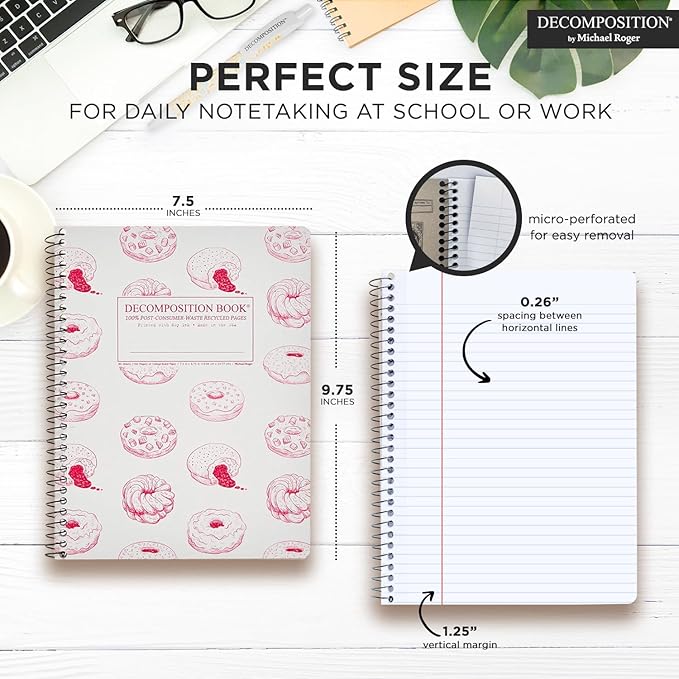 Decomposition Donut Time College Ruled Spiral Notebooks – 9.75 x 7.5 Journal with 160 Lined Pages – Cute Notebooks for School Supplies, Home & Office – 100% Recycled Paper – Made in USA