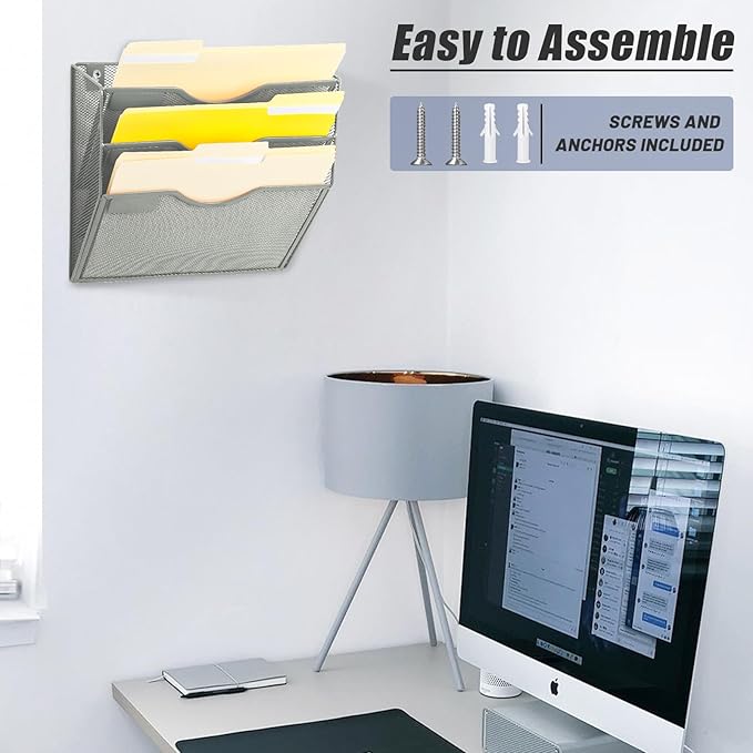 EASEPRES 3 Pocket Mesh Hanging Wall File Organizer, Wall Mounted Mail Paper Document Folder Holder, Clipboard Storage Organization Magazine Rack with Nametag Label for Office Home School, Gray