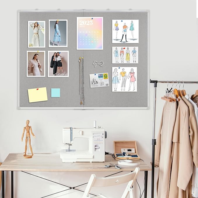 Double-Sided Large Cork Board with Linen, 60" x 40" Foldable Hanging Aluminum Framed Bulletin Board, Vision Board Pin Board Corkboards for Walls, Office, School Decor, 20 Pushpins