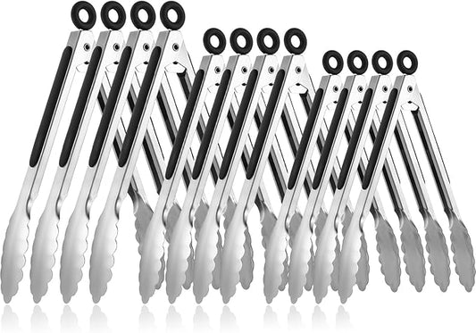 12 Pcs Stainless Steel Serving Tongs for Cooking, 7" 9" 12" Heavy Duty Metal Lockable Kitchen Salad Tongs Small Grill Tong for Food, BBQ, Toaster, Non-slip Grip