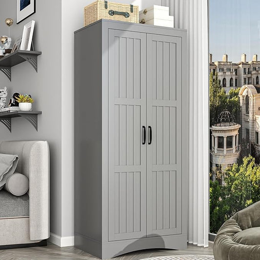 2 Door Wardrobe Closet, Wood Armoire with 2 Shelves and Hanging Rod, Freestanding Tall Storage Cabinet, Bedroom and Guest Room Armoire Cabinet for Clothes Storage, Gray