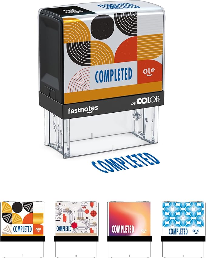 Fastnotes Completed Self-Inking Rubber Stamp by COLOP - Great for Office Documents, Notary, Warehouse, Accounting Paperwork, Business, and Legal Documentation - Blue Ink (Completed- Blue)