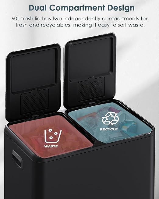 Arlopu 16Gal Dual Trash Can w/2 Built-in Box for Odor Control, Hands-Free Kitchen Garbage Bin, Recycle Waste Dustbin, Soft-Close Lid, 2 Buckets,Foot Pedal, Side Handle, Airtight,for Home Office