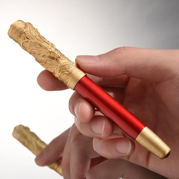 Hongdian A24 Fountain Pen Fine Nib, Bright Red & Golden Dragon Stereoscopic Carving Cap Design