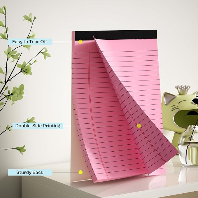 4 Pack Note Pads 5 x 8 Inch Pink Small Legal Pads 5 x 8 Colored Notepad 5 x 8 Micro Perforated Writing Pads Lined Paper Pads College Ruled Pad Paper 30 Sheets Notebook for Study, To-Do Lists, Office