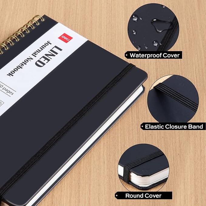 Deli 3-Pack Lined Spiral Journal Notebook Black, 160 Pages, A5 (5.5"x8") Hardcover Writing Notebook, College Ruled Spiral Bound Journal for Women & Men - Perfect for Work, School, Office & Note Taking