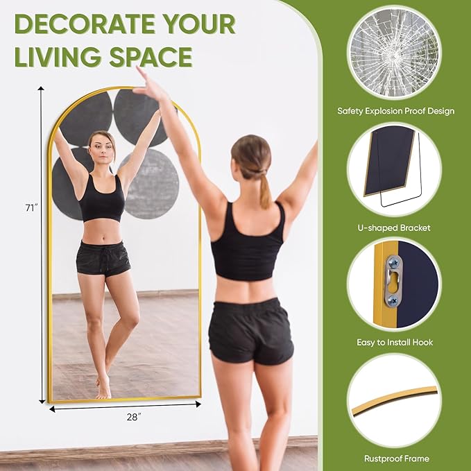 Full-Length Floor Mirror with Stand, 71"x28" Arched Style Full Body Standing Mirror for Bedroom, Living Room, Gym, Dorm - Shatter-Resistant & Easy Assembly, Gold