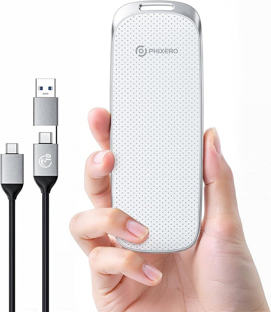 PHIXERO P10PRO External NVMe SSD 1TB, Up to 1050MB/s, USB 3.2 Gen2, Includes 2-in-1 USB C Cable, Portable Hard Drive for iPhone 15+/Android/Windows/Mac, White