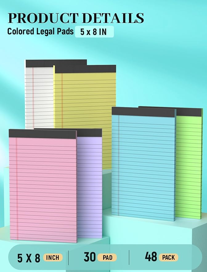 Colored Note Pads 5x8, 48 Pack Pink Small Legal Pads 5x8, College Ruled Small legal Notepads Easy Tear-off, Perforated Lined Writing Pads 5x8, 30 Sheets Colored Mini Legal Pads for Office, School