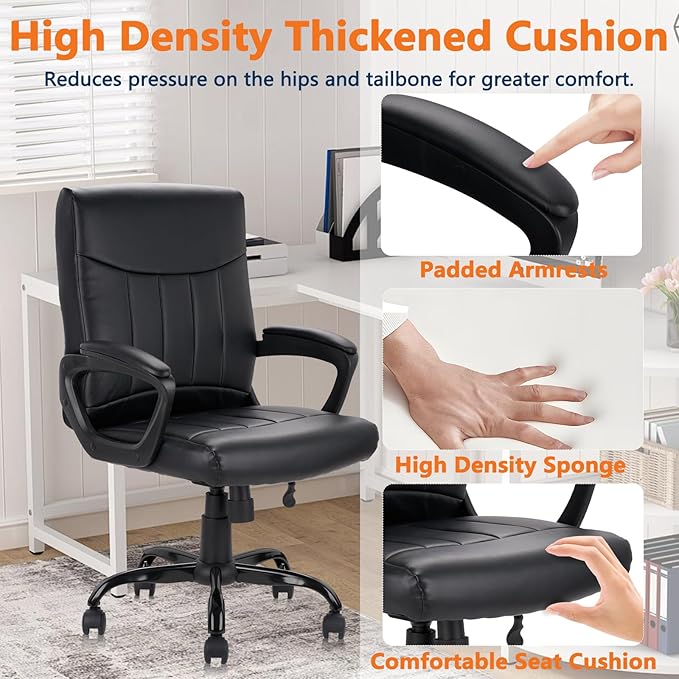 CLATINA Mid Back Leather Office Executive Chair with Lumbar Support and Padded Armrestes Swivel Adjustable Ergonomic Design for Home Computer Desk
