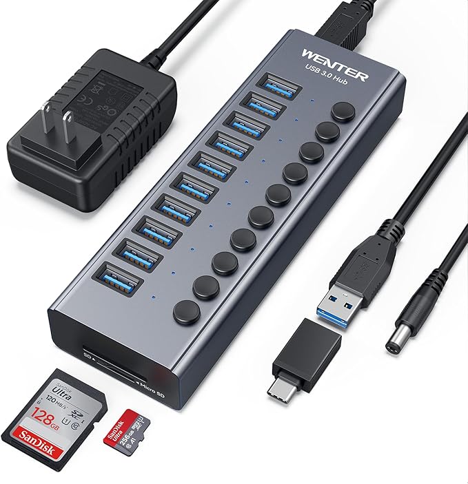 Powered USB 3.0 Hub, Wenter 10 Ports 36W Powered USB Hub, Aluminum USB Splitter with Individual On/Off Switches, SD/TF Card Readers and 12V/3A Power Adapter for PC/Laptops/MacBook Pro/Air/iMac/iPad