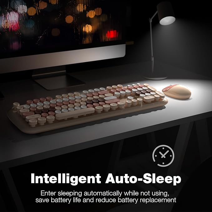Wireless Keyboard and Mouse, Full Size Typewriter Keyboard and Cute Cat Shape Design Mouse Combo for Windows 7/8/10, Laptop, Desktop, PC, Computer (Milk Tea)
