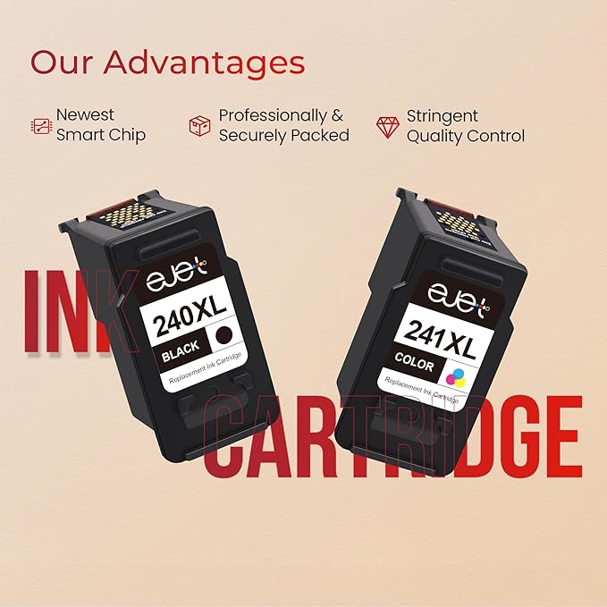 ejet PG-240XL/CL-241XL Ink Cartridge Replacement for Canon 240XL 241XL Combo Pack for Canon 240 241 High Capacity for Printer Pixma MG3620 TS5120 MG2120 MG3520 MX452 MX512 MX532 MX472 (2 Pack)