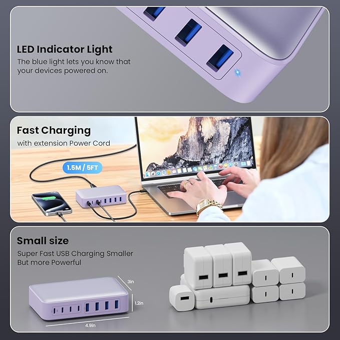 USB C Charger 200W USB C Charger Block GaN III 8-Port Fast Charging Station PD 65W Laptop Charger Adapter Compatible with MacBook Pro/Air,DELL,HP Surface,iPhone 15/14/13,Galaxy S23/22 (Purple)