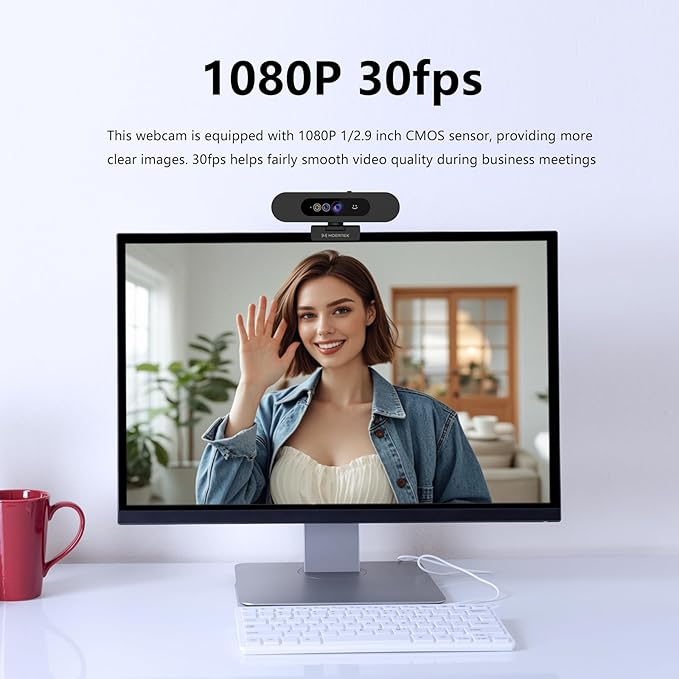 Window Hello Webcam, 1080P 30fps Camera with Noise-reducing Mic, Plug & Play, 90° Wide Angle, Built-in Privacy Cover, 360° Rotation Pan & 90° Tilt, Perfect for Zoom, Google Meet, Microsoft Teams