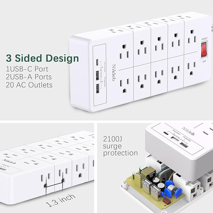 Power Strip Surge Protector 23 in 1, 6ft Extension Cord with 3 USB Ports Smart 3.1A, Multiple Outlet Adapter 20 Outlets, Outlet Extender Cord Organizer for Office, College, Apartment, Gaming Stuff