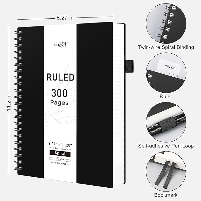 RETTACY Spiral College Ruled Notebook, 300 Pages, A4 Large Size (8.2" x 11.2"), for School, Work, Writing, Journaling, 100 GSM Thick Paper, Flexible Plastic Cover (Black)