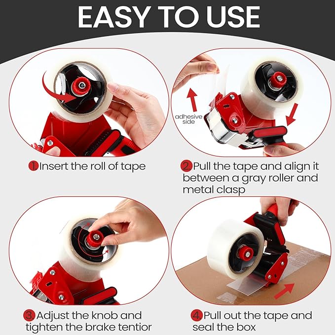 2 Pack Packing Tape Dispenser Gun with 12 Roll Packing Tape 2 Inch Gun 2.7 Mil Heavy Duty Packaging for Shipping, Moving, Carton and Box Sealing(Black and Red)