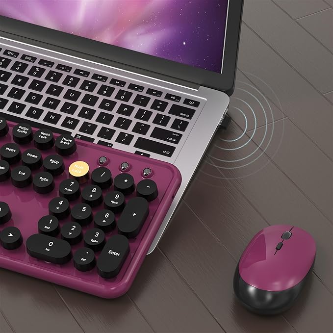 Colorful Wireless Computer Keyboard and Mouse Combo with Round Typewriter Keycaps, Retro Design, Power Switch, Ergonomic Design, 2.4GHz Wireless for Windows, Mac, PC（Black-Claret）