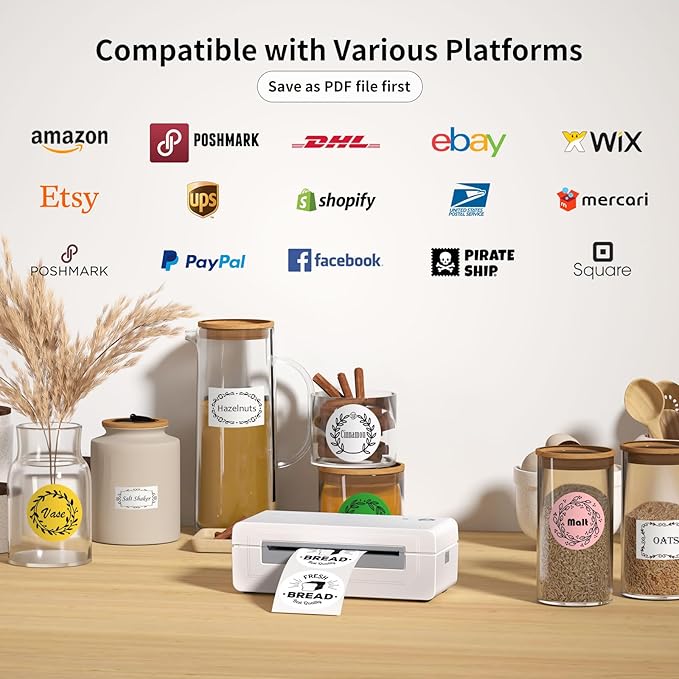 Bluetooth Thermal Shipping Label Printer, 4X6 Inkless Label Machine for iOS, Android, Laptop, Wireless Printer for Small Business, Compatible with Amazon, UPS, Shopify, White