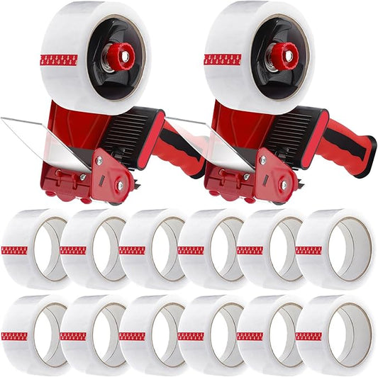 2 Pack Packing Tape Dispenser Gun with 12 Roll Packing Tape 2 Inch Gun 2.7 Mil Heavy Duty Packaging for Shipping, Moving, Carton and Box Sealing(Black and Red)