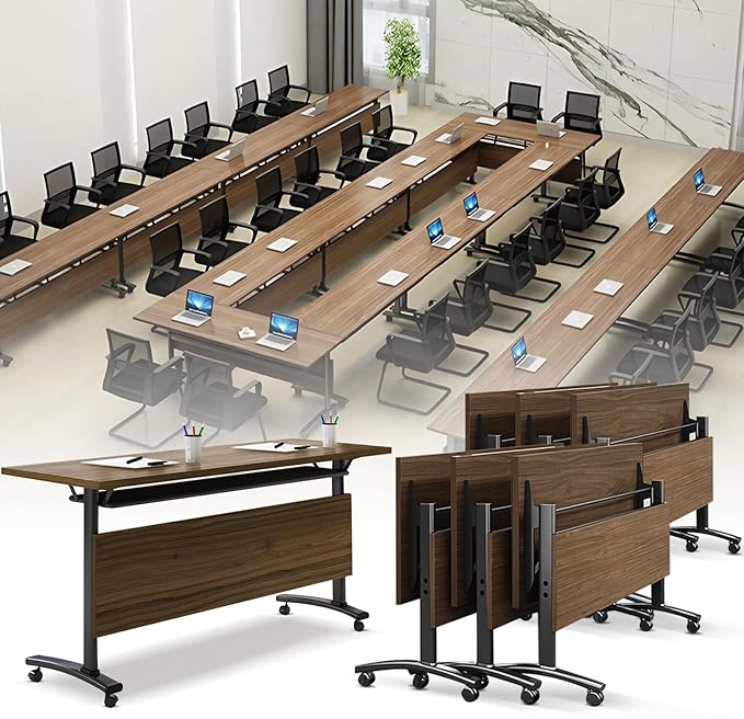 Folding Conference Room Table, Modern Conference Tables with Wheels, Large Rectangular Mobile Training Tables for Office Classroom, Foldable Modular Boardroom Seminar Table Walnut (6pack L70.9in)