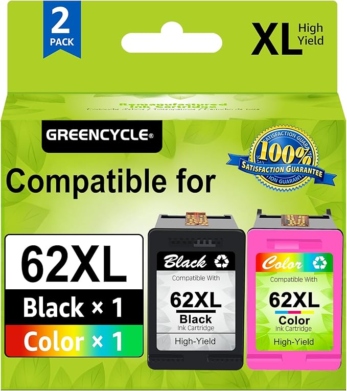greencycle 62XL Remanufactured Ink Cartridges Combo Pack Replacement for HP 62 XL C2P05AN C2P07AN Compatible for Envy 5540 5660 7640 7645 Officejet 200 2250 5740 8040 (1 Black 1 Color)