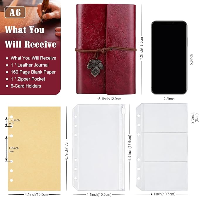 Leather Journals Notebooks with Blank Pages, Vintage Refillable Journal for Writing, Personal Travel Diary Art Sketchbook to Write in, Gifts for Women, Men, Teen Girls and Boys, 160 Pages A6 (Red)