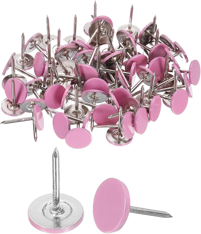 uxcell 150Pcs Upholstery Tacks, 11mmx17mm Flat Head Thumb Tack Decorative Furniture Nails Push Pins for Furniture Sofa Headboards, Pink