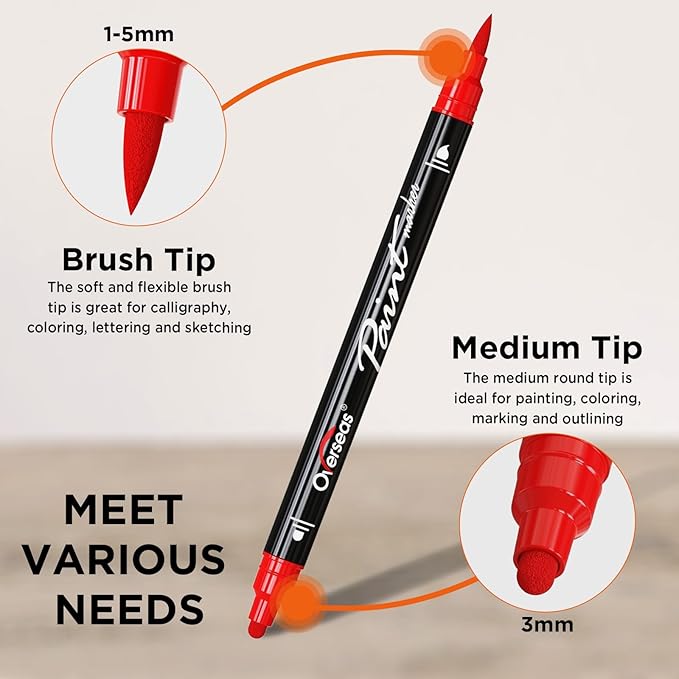 Overseas Gold Acrylic Paint Markers, 2 Pack Dual Tip Paint Pens Acrylic Markers with Dot and Brush Tip, Coloring Marker for Wood, Rock, Canvas, Glass, Metal, Ceramic, Plastic, Fabric, School Supplies