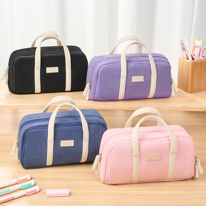 Sooez Large Pencil Case Pouch, Extra Big Pencil Bag with 5 Compartments, Pen Case Wide Opening, Soft Corduroy Pen Bag Organizer with Zipper, Cute Aesthetic School Supplies for Teen Girls, Pink