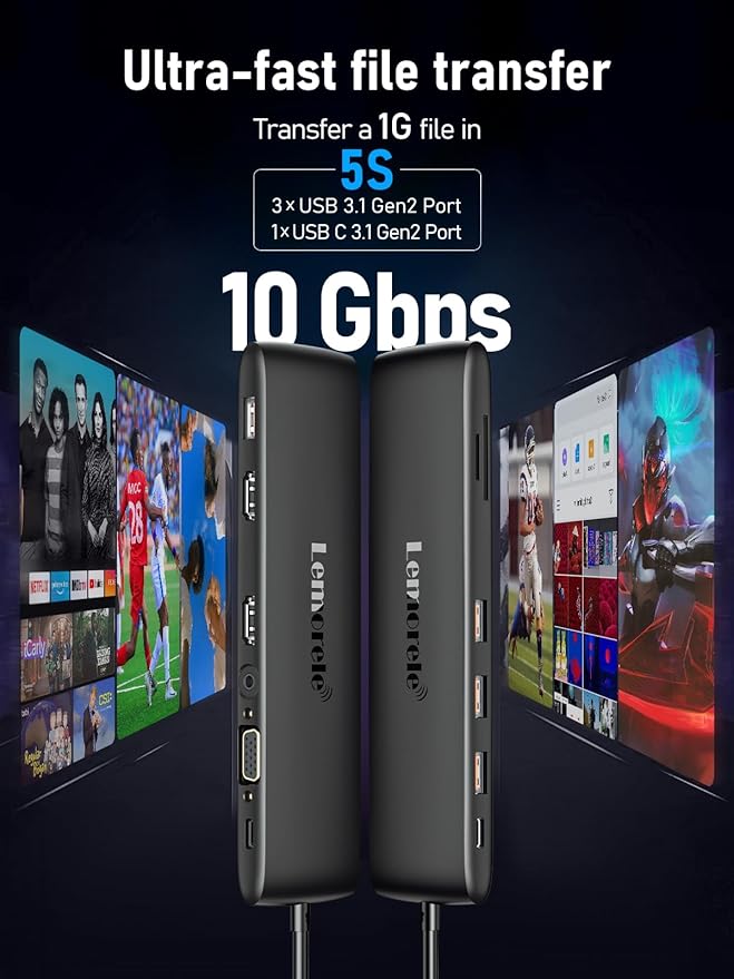 Lemorele USB C Dual Monitor Docking Station for Dell/HP/Lenovo/Surface Laptop, 12 in 1 Triple Display Multiport Hub Adapter w/2 HDMI 4K+VGA+10Gbps 2 USB3.2+2 USB2.0+100W PD+USB C Data+SD/TF+Audio