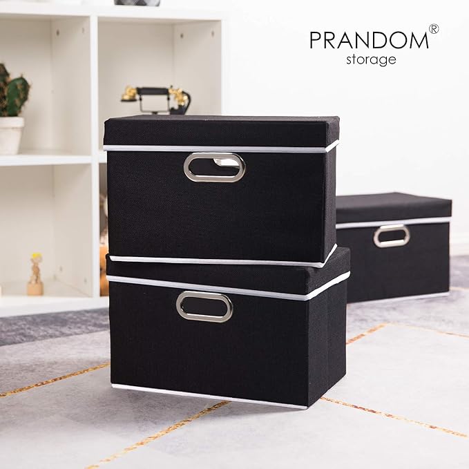 PRANDOM Foldable Storage Box with Lid [1-Pack] Fabric Collapsible Storage Bin Organizer Container Basket Cube with Cover for Home Bedroom Closet Office Nursery Black (14.9x9.8x9.8)