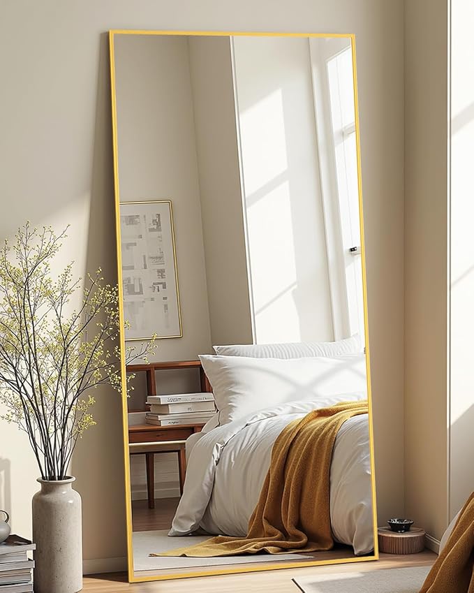 Full-Length Floor Mirror with Stand, 58"x21" Rectangle Style Full Body Standing Mirror for Bedroom, Living Room, Gym, Dorm - Shatter-Resistant & Easy Assembly, Gold