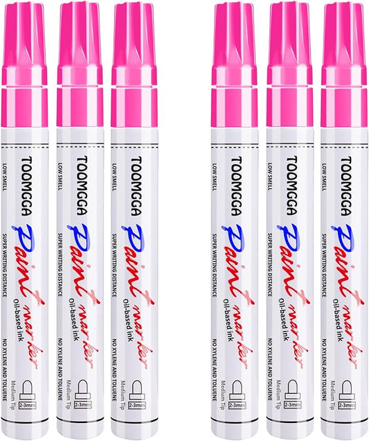 Pink Permanent Paint Pens - 6 Pack Oil Based Paint Markers, Pens For Rock Painting Car Tyre Metal, Plastic, Canvas, Mugs, Wood, Glass, Quick Drying and Waterproof, Medium Point