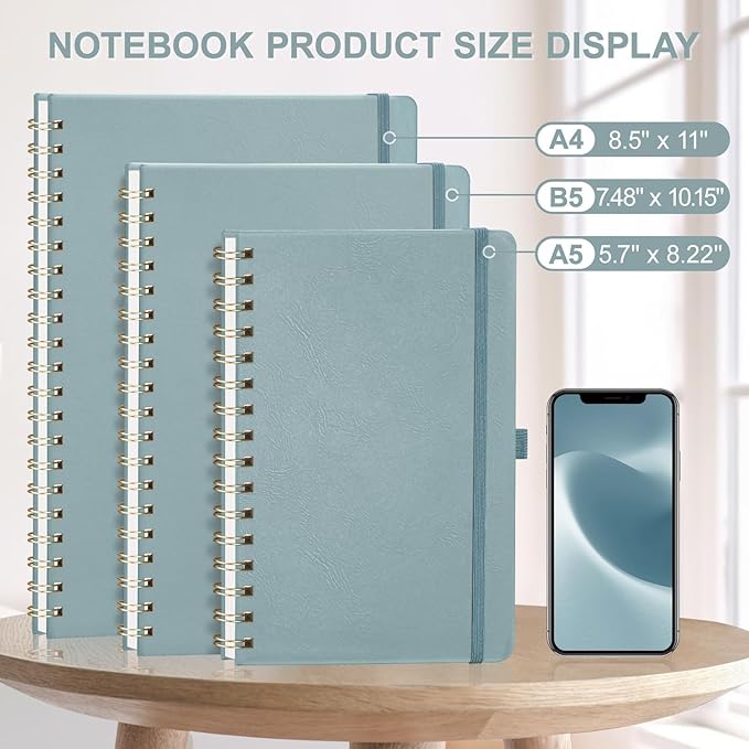 AHGXG Lined Spiral journaling notebooks With Numbered Pages, Hardcover Leather College Ruled Notebook 5.7" x 8.3" A5, light ivory Paper, Notebooks for School Work, Journals for Women,GrayBlue