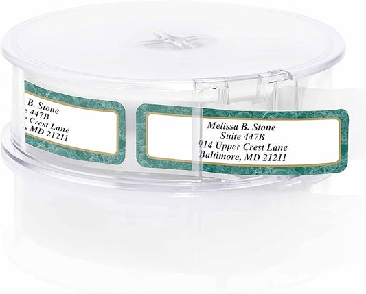 Green Marble Designer Rolled Name & Address Labels with Elegant Plastic Dispenser