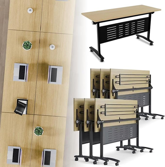 Folding Conference Room Table, Modern Conference Tables with Wheels, Large Rectangular Mobile Training Tables for Office Classroom, Foldable Modular Boardroom Seminar Table Maple (6pack L55.1in)