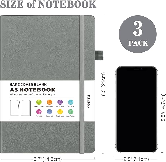 Blank Journal Notebook, 3 Pack A5 Sketch Book, Hardcvoer Sketchbook for Drawing with 100GSM Thick Paper, Leather Journal for Writing, Unlined Journal for Women, Men, School, 160 Pages, 5.7" x 8.4"